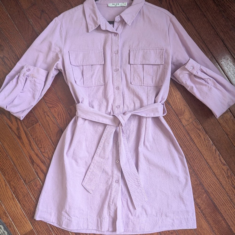 Lilac Button-Front Long Sleeve Shirt Dress with Tie Waist